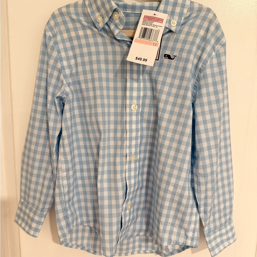 Vineyard Vines Boys Blue and White Gingham Button-Down Shirt NWT